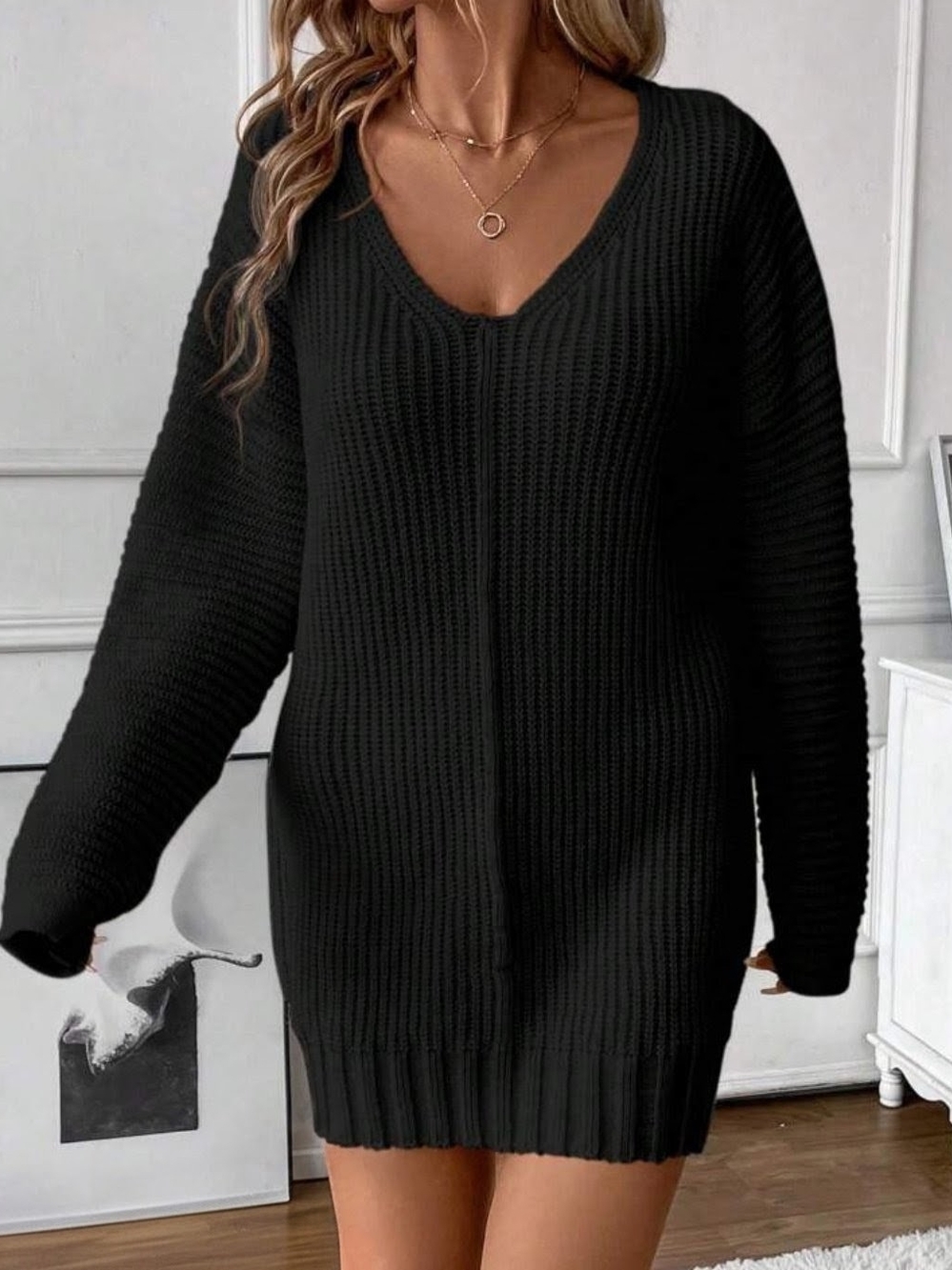V-Neck Black Ribbed Knit Long Sleeve Dress